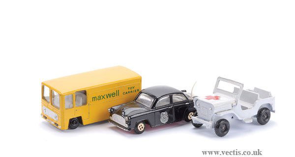 Maxwell to include Ambassador State Patrol: Maxwell (India) a group to include Ambassador "State Patrol" - black, pink base, gold wheels, Delivery Van "Maxwell Toy Carrier" - yellow and "Ambulance" Jeep - conditions are generally Good Plus to E