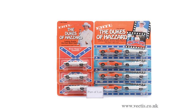 Ertl Dukes of Hazzard 1/64 scale Diecast Cars: Ertl Dukes of Hazzard 1/64 scale 1981 issue diecast Cars: 5 x twin pack General Lee and Boss Hogg; 2 x General Lee; 10 x Boss Hogg Cadillac; all are generally Mint upon Mint to Excellent Plus sealed b