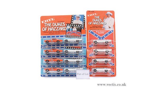 Ertl Dukes of Hazzard 1/64th scale Diecast Cars: Ertl Dukes of Hazzard 1/64th scale 1981 issue diecast Cars: 5 x twin pack General Lee and Boss Hogg; 10 x Boss Hogg's Cadillac; 2 x General Lee; all are generally Mint upon Mint to Excellent sealed bl