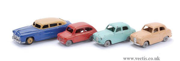 Dinky - A Group of Saloon Cars: Dinky Saloon Car group - (1) Hudson Sedan, tan over, blue, tan roof and ridged hubs, (2) No.183 Fiat, red, 2 x No.160 Austin?, light turquoise, tan, all have grey plastic wheels - overall Good. (4)