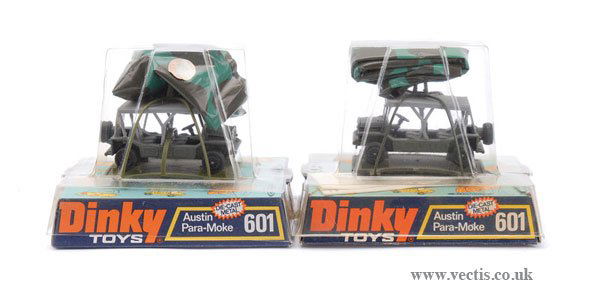 Dinky No.601 Austin Paramoke x 2: Dinky No.601 Austin Paramoke pair - 2 x green Moke, grey roof, one has dark green cradle, no silver detail, the other has olive cradle, silver headlights, both have opened parachute, one has instructi