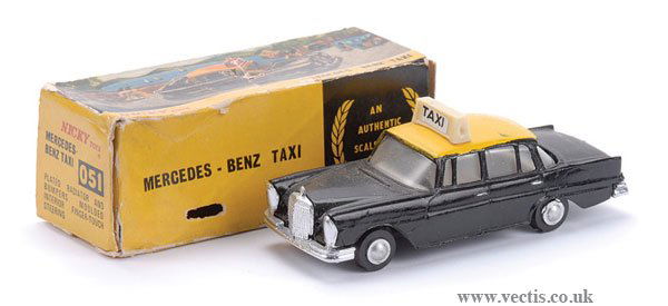 Nicky Toys Mercedes Benz Taxi: Nicky Toys Mercedes Benz Taxi - black, yellow roof, plain baseplate - Near Mint in a Good card box.