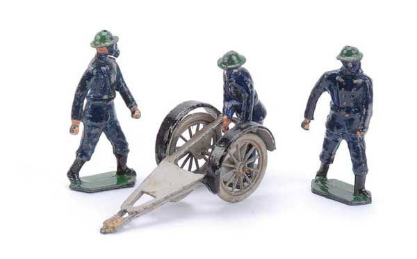 Taylor & Barrett - A.R.P. Series: Taylor & Barrett - A.R.P. Series - From Set 212 - A.R.P. Trailer Pump, now comprising: 3 x A.F.S. Firemen in Steel helmets & Gasmasks and a Two Wheeled Pump Trailer [separate Pump Assembly & Hose miss