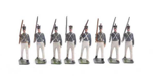 Britains-From Set 299 - West Point Cadets: Britains - From Set 299 - U.S.A. - West Point Cadets - Summer Dress [Post War version], comprising: 8 x Cadets marching at the slope in grey tunics, white trousers & shako's [one plume damaged & two p