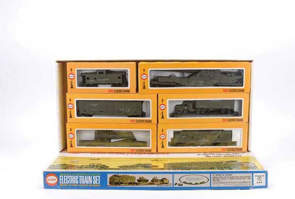 COX 2-rail 6016 US Army Military Train Set: HO COX 2-rail 6016 US Army Military Train Set consisting of F3 Diesel A Unit, Flat Car with Army Lorry, Flat Car with Army Road Grader and Caboose, track and power unit have been removed and replaced