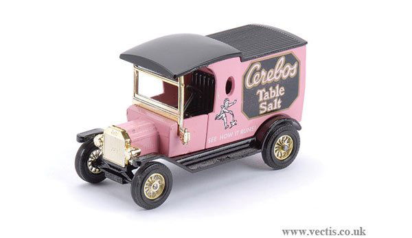 Matchbox MOY No.Y12 Pre-pro Ford T Van "Cerebos": Matchbox Models of Yesteryear No.Y12 Pre-production colour trial Ford Model T Van "Cerebos Table Salt" - pink body, black roof, chassis and seats, gold trim and wheels, comes with standard issue windo