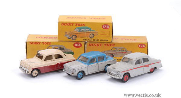 Dinky No.175 Hillman Minx & Others: Dinky Hillman, Austin and Vauxhall Cars (1) No.175 Hillman Minx - grey, mid blue including ridged hubs, (2) No.176 Austin A105 - grey, red trim and ridged hubs - Good in Poor to Fair card boxes (each