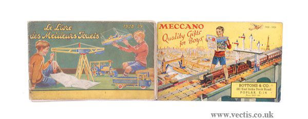 Meccano - A Pair of Pre-war Catalogues: Meccano a pair of pre-war catalogues - both dating from 1938 to 39 period (1) British Issue with London Dealers Stamp, 72-pages showing Meccano Constructor, Dinky Toys, Hornby Trains and Meccano sets