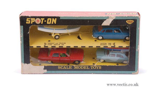 Spot-On No.702 Gift Set: Spot-On No.702 Gift Set - set comprises of Ford Zephyr 6, red, lady driver with poodle, grey interior, yellow Trailer with blue/white dinghy - Austin 1800, blue, red interior, 2 figures - Morris 1100,