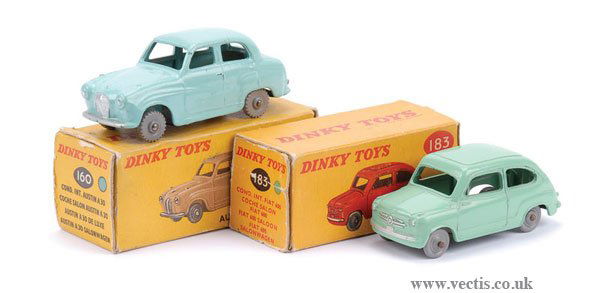 Dinky No.160 Austin A30 Saloon & Others: Dinky No.160 Austin A30 Saloon - turquoise, knobbly grey solid plastic wheels - paint chip to front of roof and one or two other minor ones - Good Plus in Good box. Together with No.183 Fiat 600 Saloo