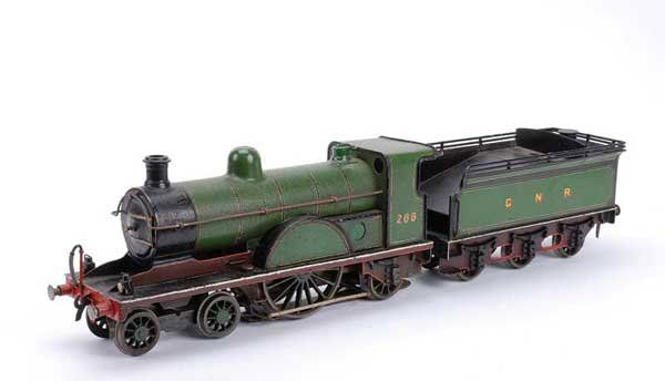 Bing/Bassett-Lowke "SINGLE" GNR Green No.266: Bing for Bassett-Lowke Gauge 1 Loco and Tender "SINGLE" GNR green No.266, 3-rail Electric. Loco is finished in green and black overall, lined in white and red with running number 266 to cabsides. Fitt
