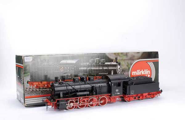 Marklin No.5744 0-8-0 Loco & Tender DB Black: Marklin Gauge 1 catalogue No.5744 Modern Issue 0-8-0 Loco and Tender DB black No.553964, 2-rail Electric. Appears unused Excellent Plus to Near Mint in a Good box.