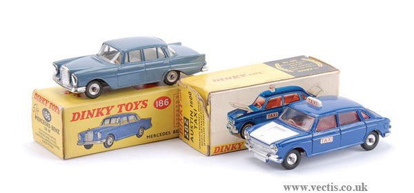 Dinky No.186 Mercedes 220SE & No.282 Austin Taxi: Dinky No.186 Mercedes Benz 220SE, No.282 Austin 1800 Taxi - Mercedes 220SE, greyish blue, Austin Taxi, blue, white bonnet and boot, roof sign, Taxi decals, large paint chip to front wing of Mercedes -