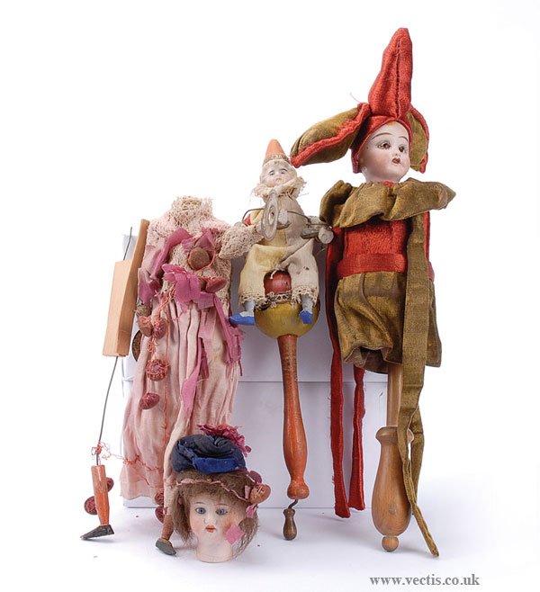 Mechanical Bisque Doll and Marottes