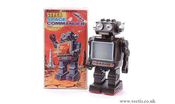 Horikawa Super Space Commander Robot: Horikawa Super Space Commander Robot, (Japan), battery operated, tinplate and plastic, walks, space picture on big screen, Near Mint in Good Plus box (tear to front where price sticker removed), 10"/2