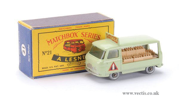 Matchbox No.21c Commer Milk Float: Matchbox Regular Wheels No.21c Commer Milk Float "Bottle" side decals, green windows, light tan load, knobbly 9 x 20 silver plastic wheels (unlisted variation) - Excellent including type C "New Model"