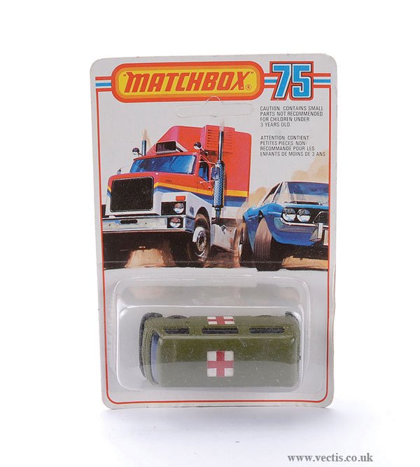 Matchbox No.23 Volkswagen Military Ambulance: Matchbox Superfast No.23 Volkswagen Military "Ambulance" - green, blue tinted windows, large square red cross labels to sides and roof, without hot foil to wheels - Mint on Excellent Plus blister card