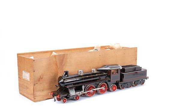 Bing 4-4-2 Loco and 8-wheeled Tender, Black: Bing Gauge 1 American style 4-4-2 Loco and 8-wheeled Tender black, Clockwork. Loco and tender are finished in black and lined in red, loco has the Bing trademark above the front buffer beam. There is