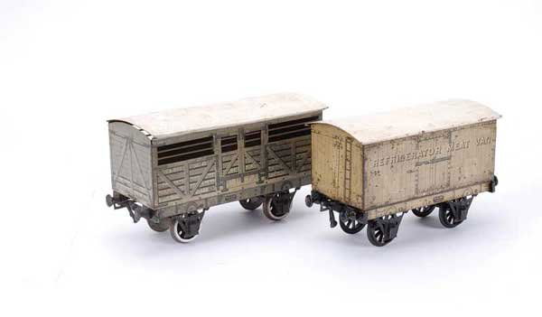Marklin/Bassett-Lowke "MR" Goods Wagons: Marklin for Bassett-Lowke Gauge 1 4-wheeled MR "Midland Railway" Goods Wagons consisting of Refrigerated Meat Van and a Cattle Truck. Conditions generally Fair to Good. (2)