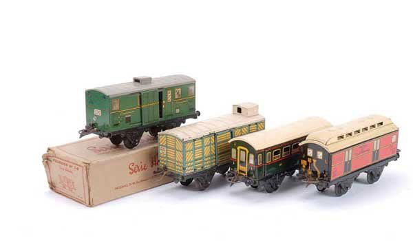 French Hornby "EST" Milk Traffic Van & Others: French Hornby O Gauge consisting of "EST" Milk Traffic Van, "ETAT" Post Office Van, 4-wheel all 3rd Passenger Coach and an "ETAT" Fourgon 1S (Guards Van) in Poor box. Condition varies generally Good P