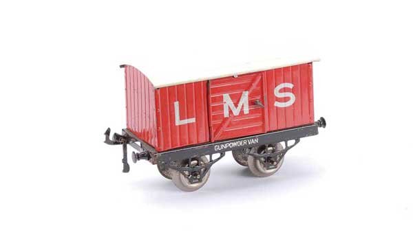 Hornby O Gauge LMS "Gunpowder Van": Hornby O Gauge LMS "Gunpowder Van". Early version with nut and bolt body, open axle guards and droplink couplings. Gunpowder Van in white lettering to one chassis side, white LMS lettering to van side