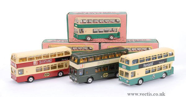 Metosul No.23 Double Deck Buses x 3: Metosul No.23 Double Deck Bus group - (1) pale green, cream "Fenistil", (2) dark green, cream "Sonap", (3) red/cream "Sonap" - overall conditions are Excellent Plus to Near Mint in Good to Excellent i