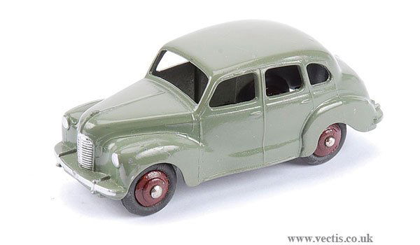 Dinky No.40D Austin Devon: Dinky No.40D Austin Devon - small print to base - grey green, maroon ridged hubs, small blemish to roof else Excellent Plus. Very unusual indeed with maroon hubs the first we have seen.
