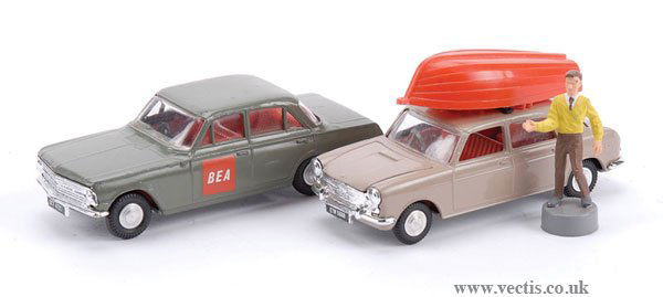 Spot-On No.405 BEA & No.410 Austin 1800: Spot-On No.405 BEA, No.410 Austin 1800 and row boat - No.405, dark grey, red BEA logo to doors, red interior, spun hubs, No.410 fawn, red interior and rowing boat, black roof rack, Tommy Spot figure -