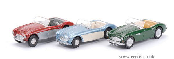 Spot-On Restored Austin Healey x 3: Spot-On Austin Healey restorations a group of 3 - (1) dark green with light tan interior, (2) metallic blue and cream with cream interior and (3) red and silver with grey interior (steering wheel deta