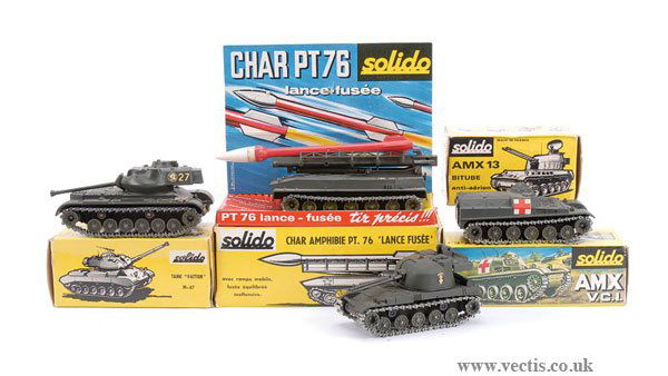 Solido - A Group of Military Related: Solido Military related a group to include - No.202 Patton Tank, No.218 Char Amphibie, No.223 AMX13 and No.227 AMX VCI - all come complete with accessories - conditions are generally Near Mint to Mint