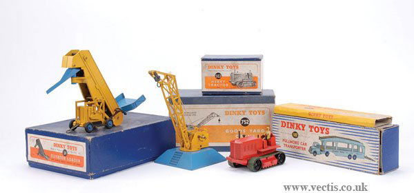 Dinky - A Group of Commercials: Dinky Commercial group - No.582 Pullmore Car Transporter, light blue, fawn decks, mid blue hubs, No.994 Loading Ramp, No.563 Heavy Tractor, red, green tracks, No.752 Goodsyard Crane, blue/yellow, No.5