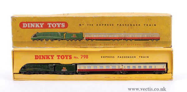 Dinky No.798 Express Passenger Train Set: Dinky No.798 Express Passenger Train Set containing Streamlined Loco and 2 Coaches - Loco is dark green with British Railways logo to Tender sides, Coaches are cream, maroon with grey roofs, black rid