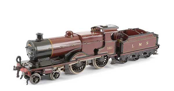 Hornby No.2 Special 4-4-0 LMS Maroon "Compound": Hornby O Gauge No.2 Special 4-4-0 Loco and Tender LMS maroon "Compound" No.1185, 12v DC Electric. This is a Clockwork Compound fitted with a Bassett-Lowke 4 coupled 3-rail electric mechanism. Overall