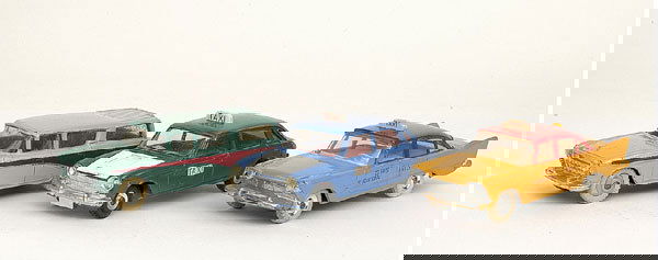 Dinky A group of cars: A group - (1) Nash Rambler Estate Car - light turquoise, maroon side flash, light grey ridged hubs, white knobbly tyres, (2) Plymouth Plaza taxi - deep yellow, red roof and (3) Austin 1800 Taxi - dark