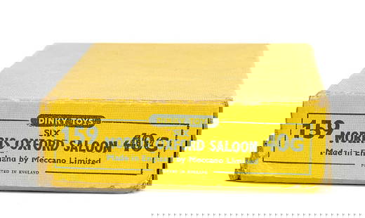 Dinky Empty Dealers Trade Box for 6 x 40G/159: An empty Dealer's Trade Box for 6 x No.40G/159 Morris Oxford Saloon - yellow card box is stamped at each end of lid and is Good Plus.