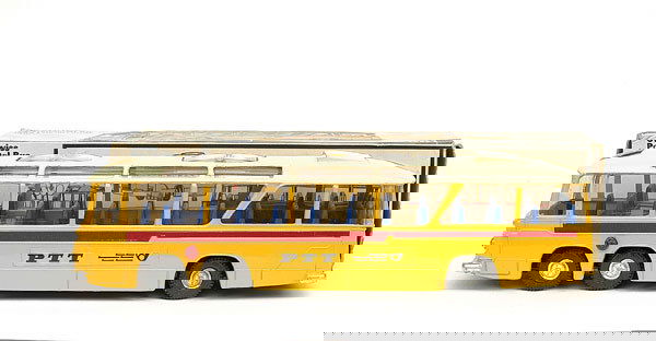 Dinky No.961 Swiss Postal Bus: No.961 Swiss Postal Bus - yellow, dark blue interior, dark red side flash, cream roof, light box rubs to roof and slight peeling to 1 side sticker at rear - otherwise Near Mint in Excellent illustrate