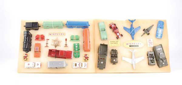 Midgetoy Collector Series Set No.2: Midgetoy Collector Series Set No.2 with all Cars re-issues of originals from the 50's & 60's consisting of Streamline Passenger Train, Police Cars, Caravan, Open Truck, Military Vehicles, 2 Fighter Ai