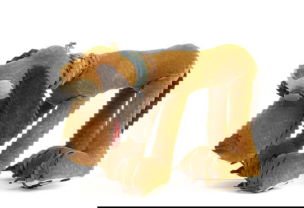 A Disney Pluto velveteen dog, 1950s: A Disney Pluto velveteen dog, 1950s, large celluloid fronted floating pupil eyes with metal backs, seated on white felt forehead, large open mouth with red felt tongue, brown body with black ears and