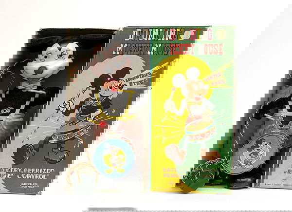 Linemar Toys of Japan - Drumming Mickey Mouse: Linemar Toys of Japan - Drumming Mickey Mouse with lighted eyes - 27cm high doll, black felt covered with pink trousers, tinplate feet, face and drum, battery operated remote control with cable attach