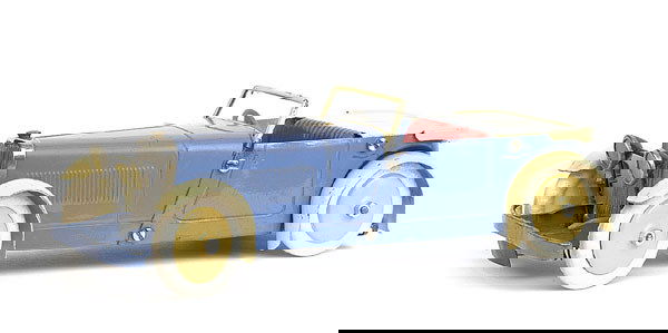 Meccano Ltd of Liverpool - No.1 Constructor Car: Meccano Limited of Liverpool - No.1 Constructor Car - powder blue, cream folded hood and cycle wings, red seats, black painted number plates, clockwork operation, repro rubber wheels with cream insert