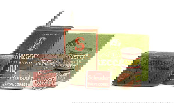 Unknown manufacture A group of tins: A group of Hardware Store type tins - (1) "Singer Sewing Machine" Oil Can with spout - green, red, (2) "Meccano" tin - green, (3) Dunlop Cycle Tyre Repair Outfit, (4) Schrader valve tin, (5) Ronuk San