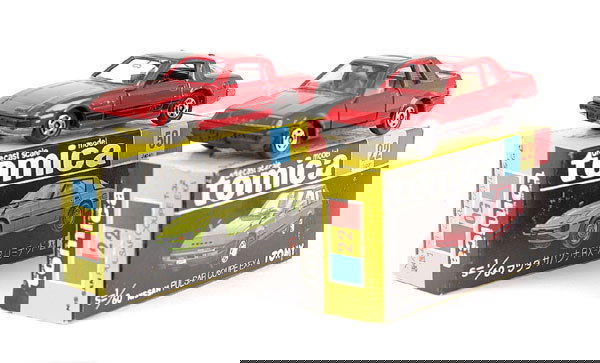 Tomica No.22 Nissan Pulsar Coupe: Tomica No.22 Nissan Pulsar Coupe - red, black body stripe, fawn interior and No.50 Mazda Savannah RX7 - red, black body stripe and interior - Near Mint to Mint in Excellent Plus to Near Mint boxes. (2