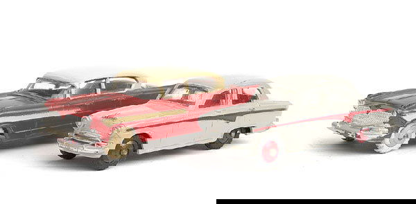 Dinky No.174 Hudson Hornet: No.174 Hudson Hornet - red, cream roof and side flash, fawn ridged wheels, white tyres - Excellent. No.176 Austin A 105 - pale grey, red side stripe and ridged hubs - Good Plus. (2)