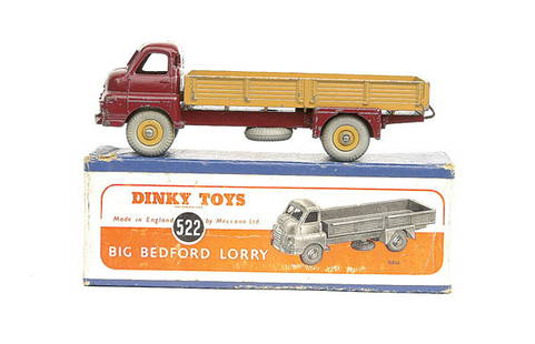 Dinky No.522 Big Bedford Lorry: No.522 Big Bedford Lorry - maroon cab and chassis, fawn rear body and Supertoy hubs, some wear to edges of cab roof and wings - otherwise a Good Plus example in a Good early blue box with orange and