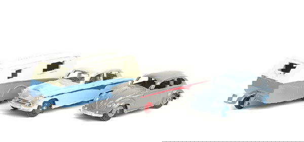 Dinky Austin A105 Saloon & Others: A group (1) Austin A105 Saloon - grey, red side stripe and ridged hubs, black knobbly tyres with windows, (2) VW Beetle Sedan - RAF blue, blue ridged hubs, with black knobbly tyres and (3) Caravan - t