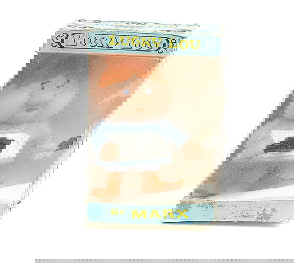 Lucky Lou figure by Marx Toys of Hong Kong: Lucky Lou plastic figure by Marx Toys of Hong Kong - figure has orange hair and boots, with blue dress - Near Mint, almost 9cm high and contained in a Good (slightly grubby) pre-production hand-drawn