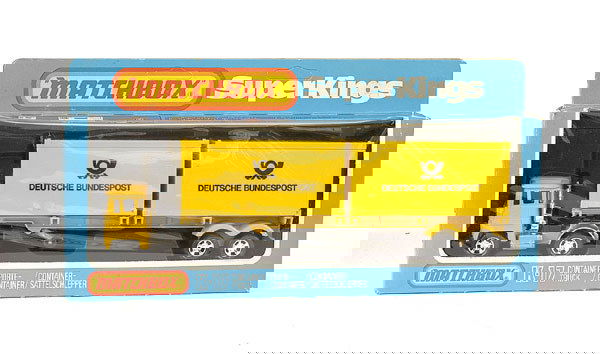 Matchbox K17 Container Truck "German Post": Matchbox Super Kings No.K17 Container Truck - articulated truck is yellow, silver chassis, trailer is yellow with 2 x containers "German Post Office" to sides - Near Mint in Good Plus window box.