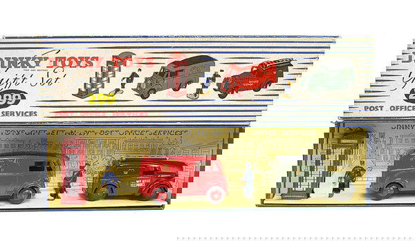 Dinky Gift Set No.299 Post Office Services: Gift Set No.299 Post Office Services containing - No.260 Royal Mail Morris Van - red body and ridged hubs, No.261 GPO Telephone Van - green body and ridged hubs, No.750 Call Box - red and silver, No.0