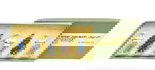 Dinky Toy No.5 Set "Train and Hotel Staff": Dinky Toy No.5 Set "Train and Hotel Staff" containing 5 figures, all strung to original yellow backing card. Generally Excellent including box.