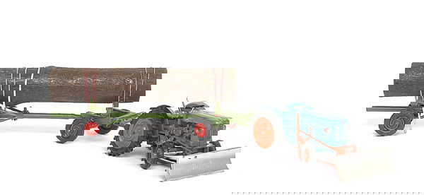 Britains Fordson Major Tractor: A group (1) Fordson Major Tractor - blue, orange hubs, (2) Mule Dozer Attachment - orange, silver and (3) 4-wheel Log Trailer - green, red hubs with log load - generally Excellent Plus to Near Mint. (